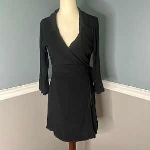Lulus Black Wrap Dress Mini 3/4 Sleeve Party Cocktail Dress Size‎ M
